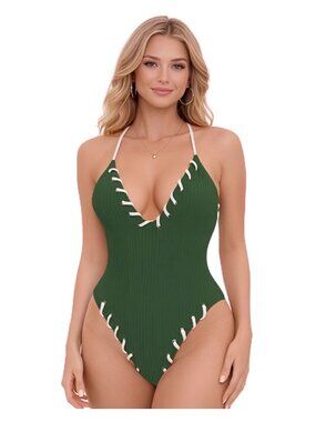 🆕Large Army Green Ribbed V Neck One Piece Criss Cross Tie Back Swimsuit NWOT